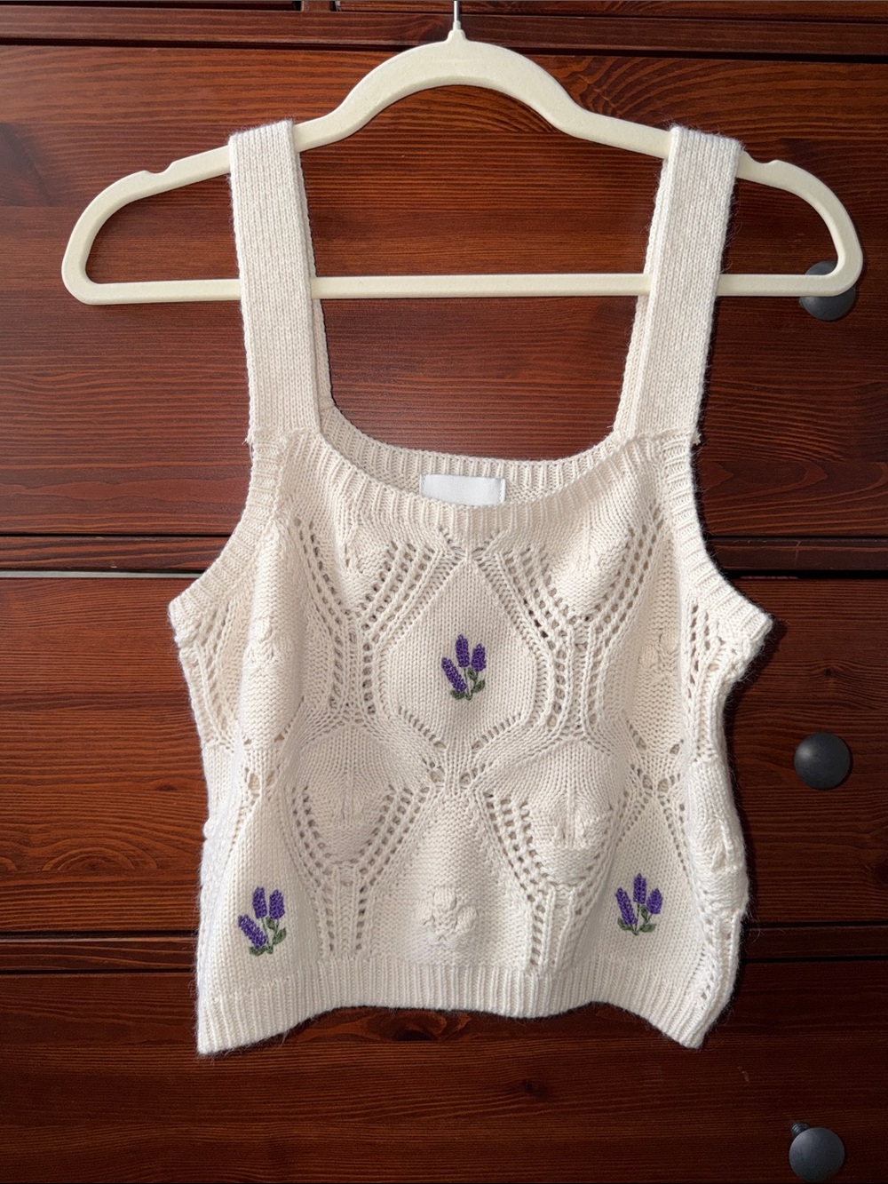 Pink Rose Boho Knit Tank Top Cream Lavender Embroidered Loose Knit L